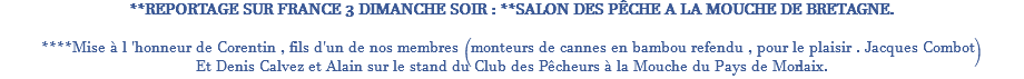 **REPORTAGE SUR FRANCE 3 DIMANCHE SOIR : **SALON DES PÊCHE A LA MOUCHE DE BRETAGNE. ****Mise à l 'honneur de Corentin , fils d'un de nos membres (monteurs de cannes en bambou refendu , pour le plaisir . Jacques Combot) Et Denis Calvez et Alain sur le stand du Club des Pêcheurs à la Mouche du Pays de Morlaix.